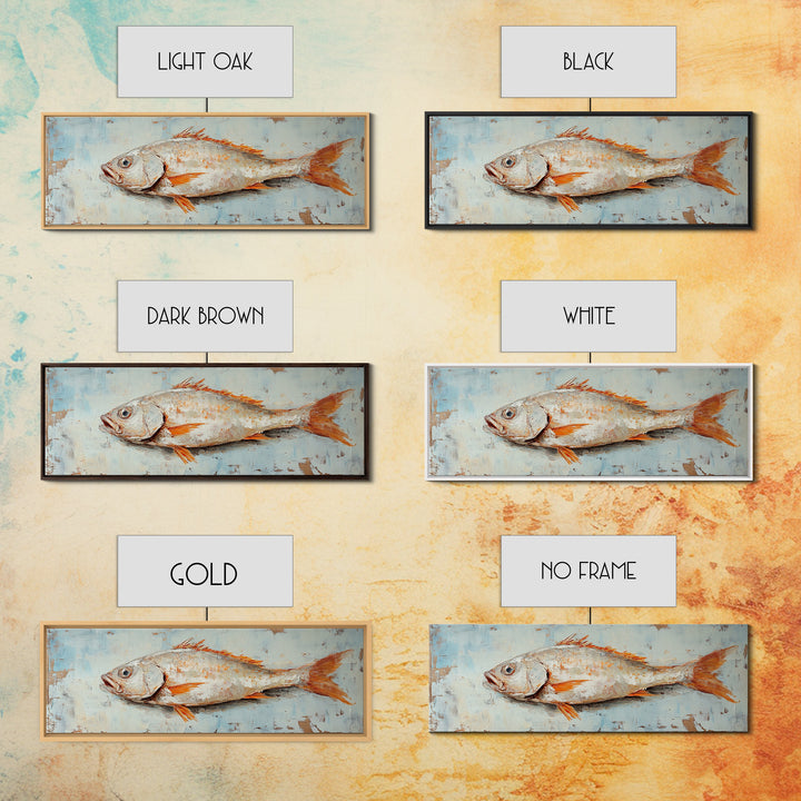 Textured Silver Fish Coastal Wall Art, Nautical Kitchen Decor, Seafood Painting Print, Beach House Ocean Art, Rustic Canvas