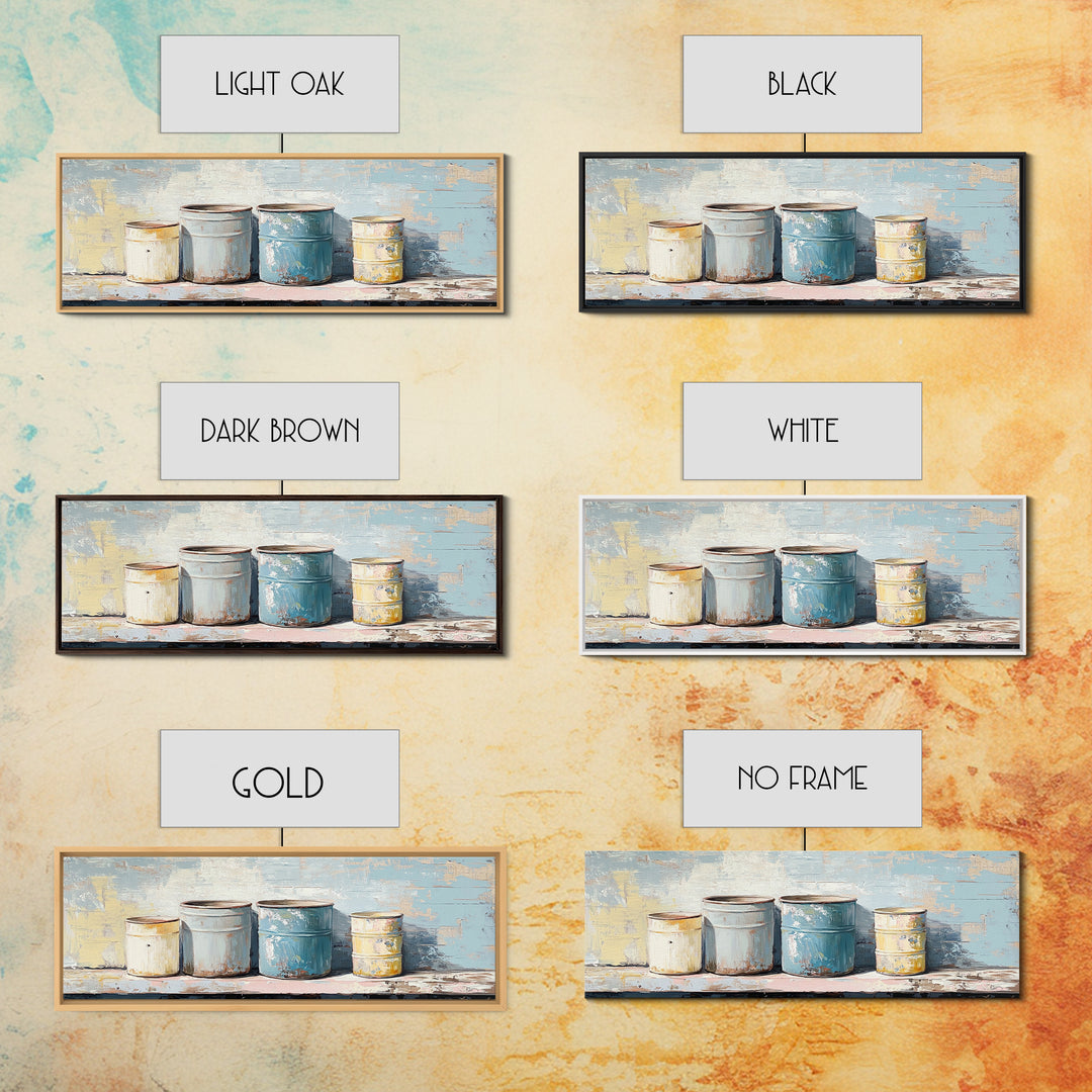 Weathered Paint Cans Still Life Wall Art, Rustic Studio Decor, Industrial Canvas Print, Blue Neutral Workshop Wall Decor Gift