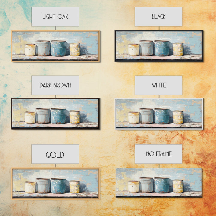 Weathered Paint Cans Still Life Wall Art, Rustic Studio Decor, Industrial Canvas Print, Blue Neutral Workshop Wall Decor Gift