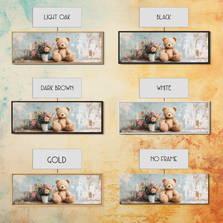 Teddy Bear With Flower Vase Canvas Print, Nursery Wall Art, Whimsical Kids Room Decor, Baby Shower Gift, Cute Animal Art