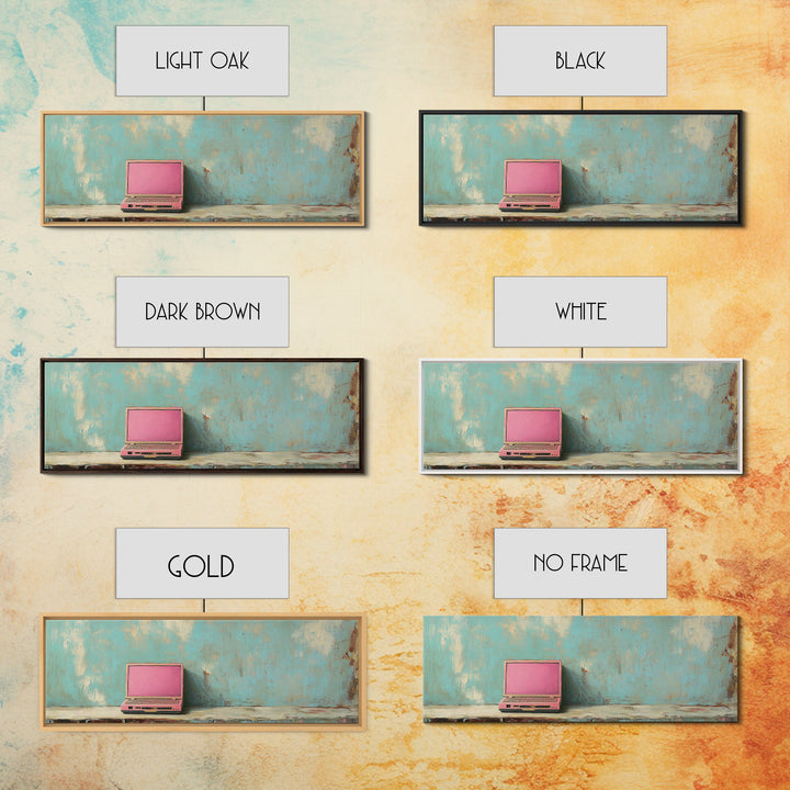 Pink Retro Laptop On Teal Shelf Wall Art, Minimalist Office Decor, Tech Art Print, Dorm Room Decor, Modern Wall Decor Gift