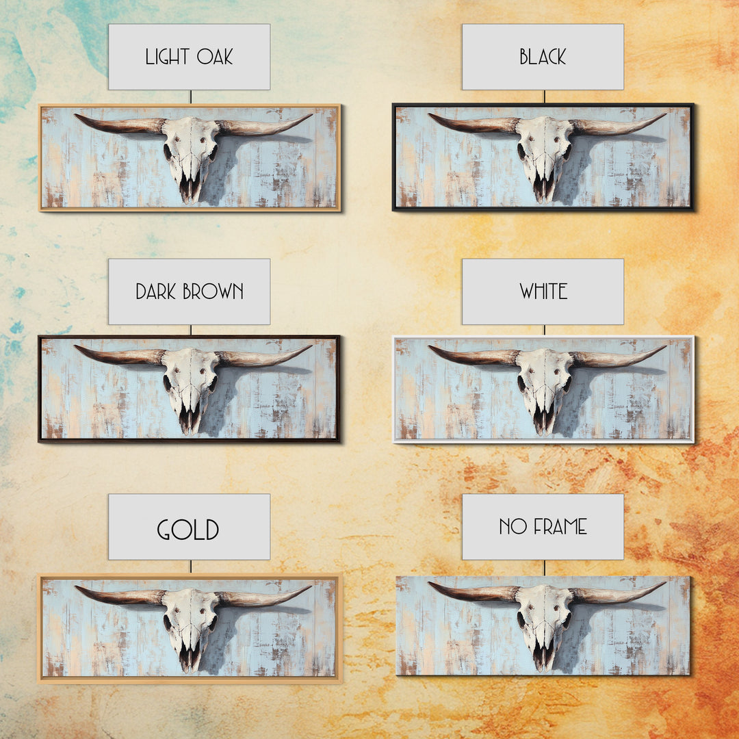 Longhorn Skull On Rustic Blue Wall Art, Western Cowboy Decor, Southwestern Farmhouse, Large Horizontal Ranch Housewarming Gift