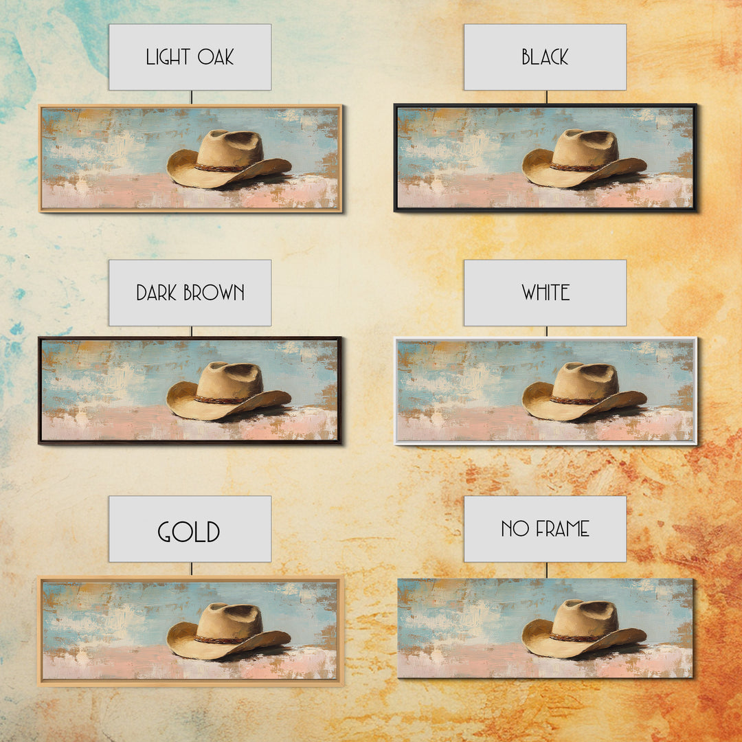 Tan Cowboy Hat On Pastel Blue Canvas Print, Western Wall Art, Rustic Ranch Decor, Southwestern Farmhouse, Neutral Bedroom Decor