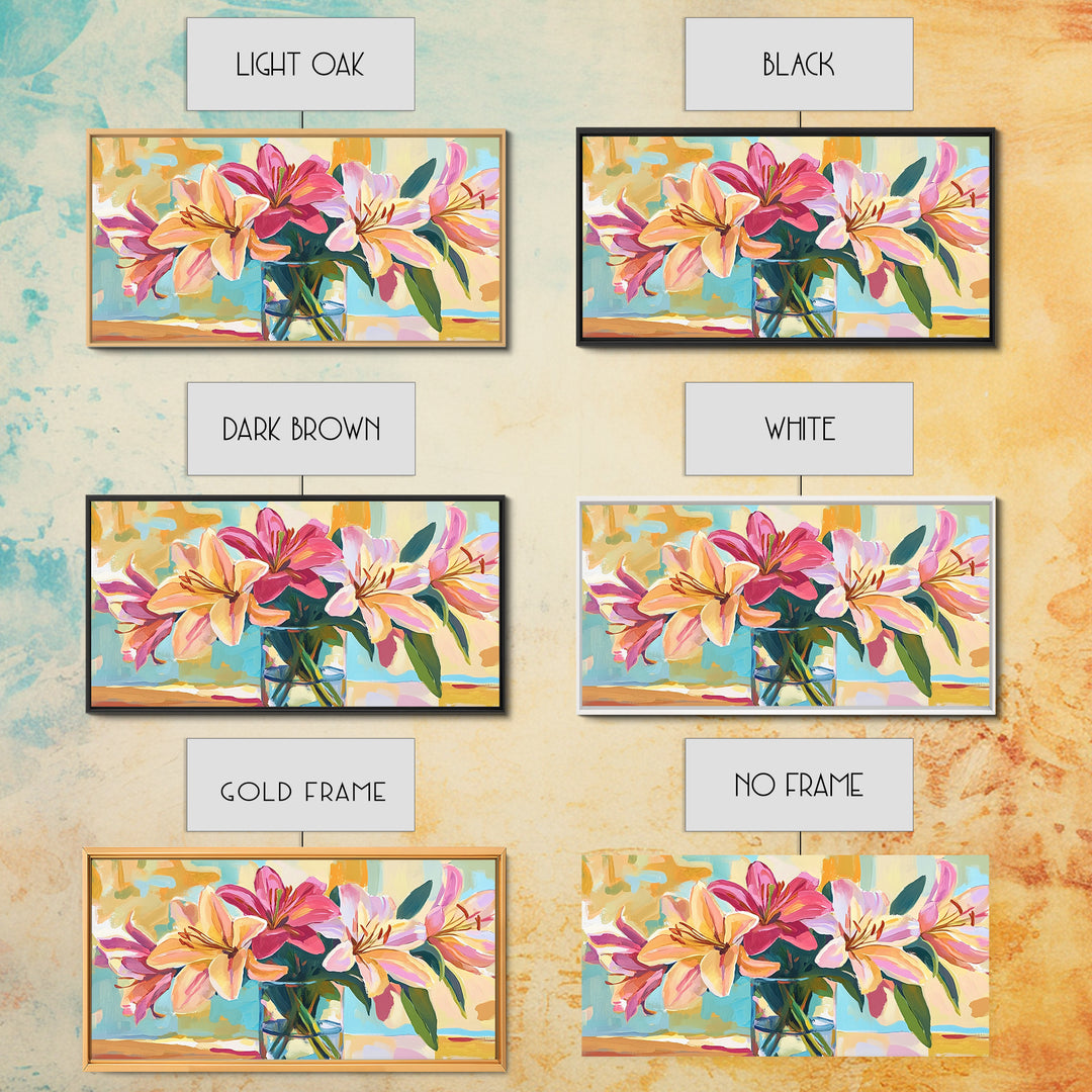 Pink Lilies In Glass Vase Framed Canvas Print, Floral Wall Art, Botanical Decor, Feminine Living Room Wall Decor, Gift For Her