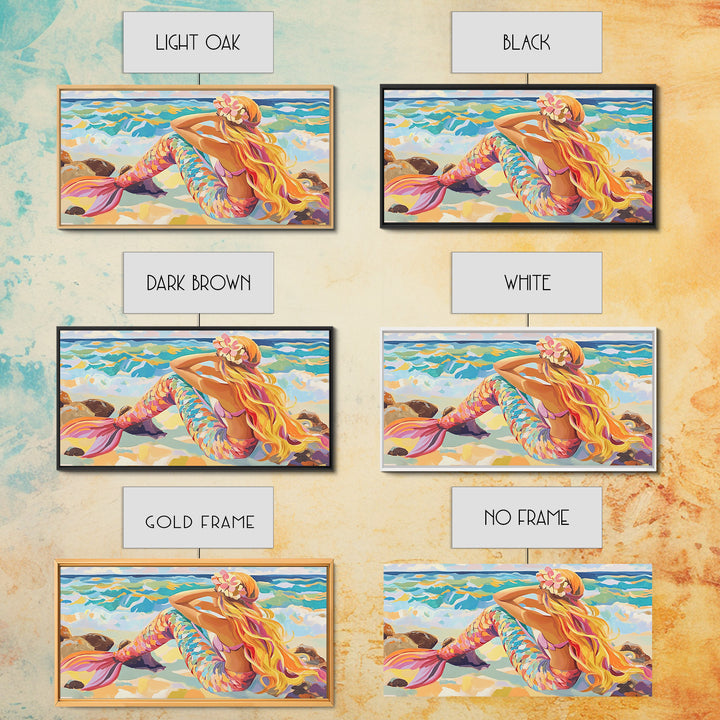 Blonde Mermaid On Sunny Beach Canvas Print, Fantasy Wall Art, Coastal Ocean Decor, Whimsical Nursery Or Bathroom Decor Gift