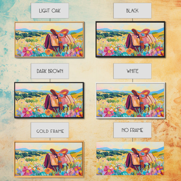 Western Saddle In Wildflower Meadow Wall Art, Cowgirl Canvas Print, Colorful Landscape Art, Rustic Ranch Home Decor Gift