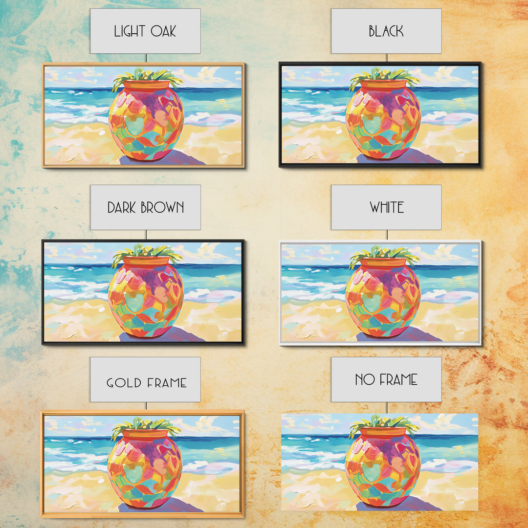 Painted Beach Planter With Ocean View Canvas Print, Coastal Wall Art, Tropical Beach House Decor, Colorful Summer Art Gift