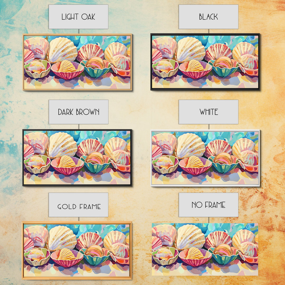 Colorful Scallop Shell Trio Still Life Wall Art, Coastal Bathroom Decor, Seashell Canvas Print, Beach House Gallery Art Print