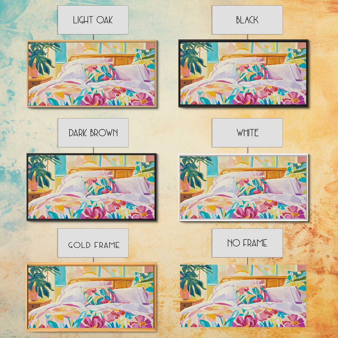 Bright Floral Bedding In Sunlit Bedroom Wall Art, Cozy Master Bedroom Decor, Tropical Canvas Print, Above Bed Gift For Her