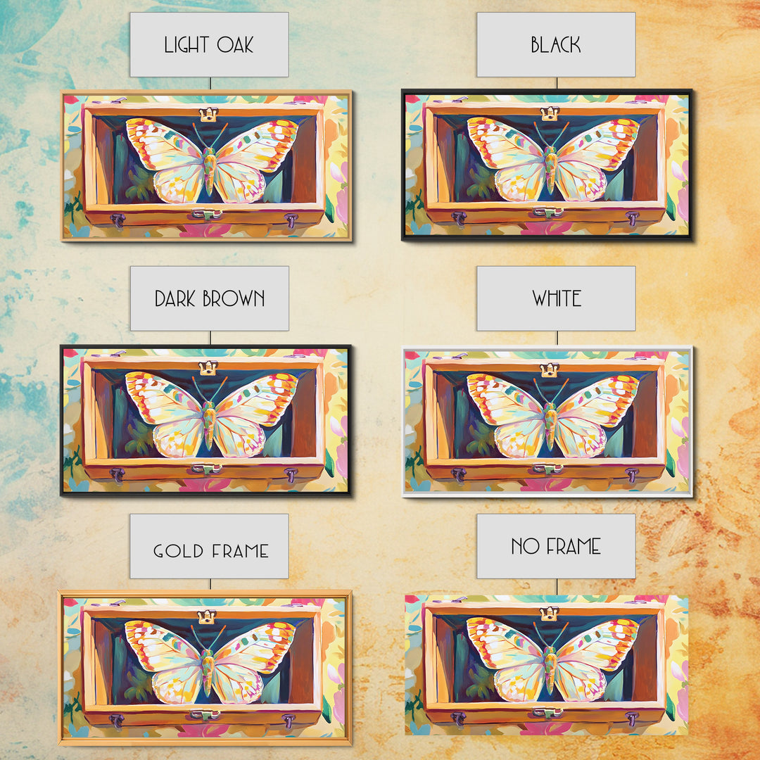 White Butterfly In Wooden Case Framed Canvas Print, Whimsical Animal Wall Art, Nature Inspired Art, Colorful Home Decor Gift