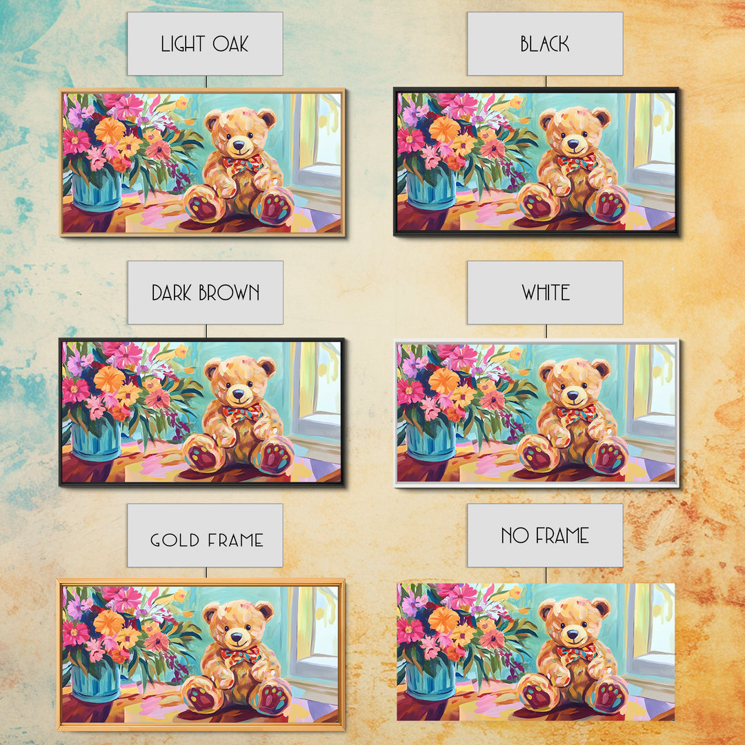 Sweet Teddy Bear With Flower Bouquet Wall Art, Colorful Nursery Decor, Kids Room Art Print, Baby Shower Housewarming Gift