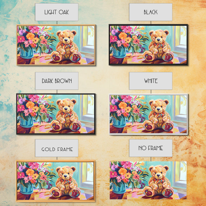 Sweet Teddy Bear With Flower Bouquet Wall Art, Colorful Nursery Decor, Kids Room Art Print, Baby Shower Housewarming Gift