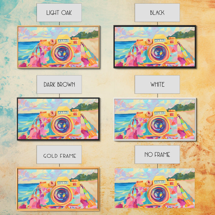 Retro Floral Camera On Sunny Beach Towel Canvas Print, Coastal Wall Art, Photography Decor, Dopamine Decor, Gift For Her