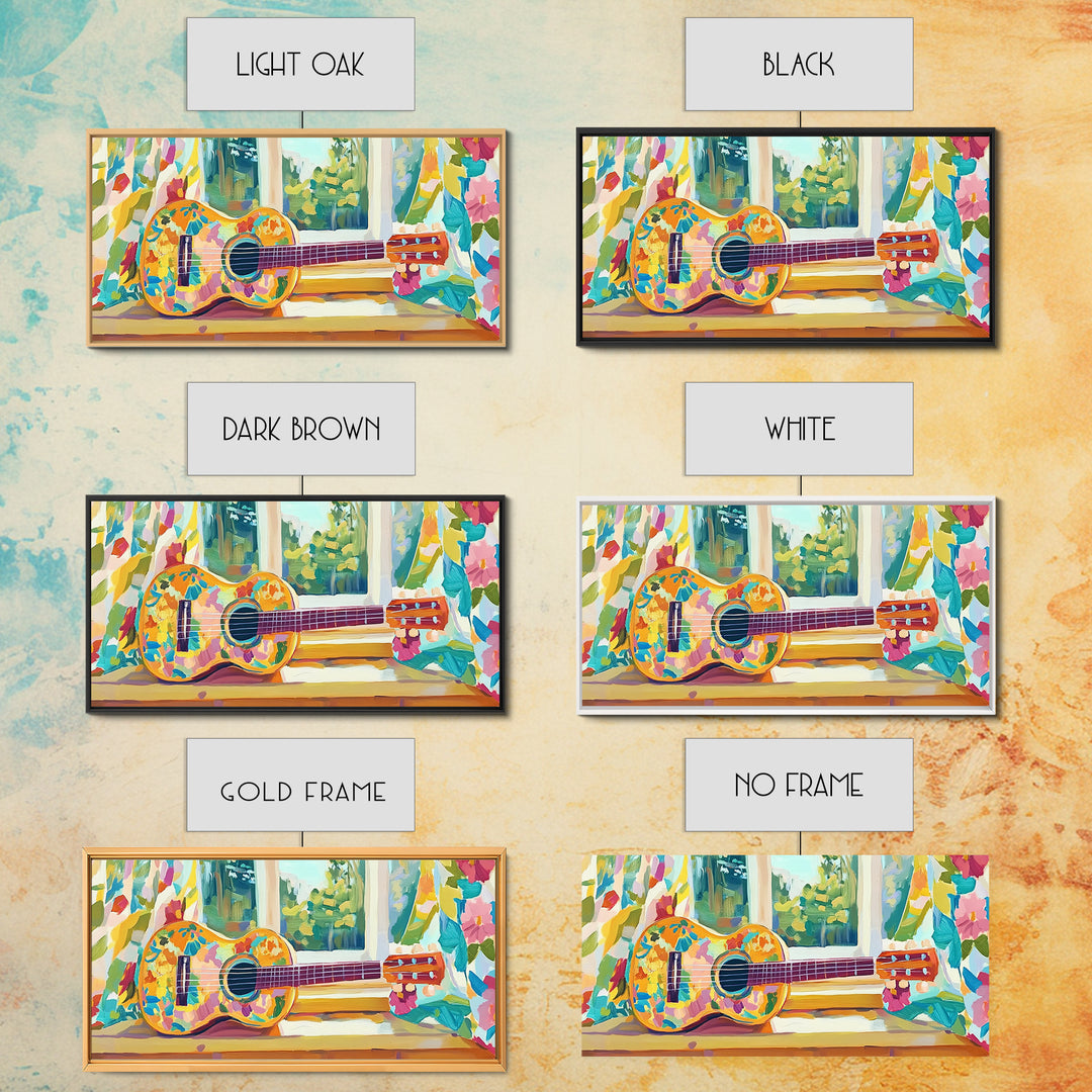 Painted Ukulele By Sunny Window Framed Canvas Print, Music Room Decor, Tropical Wall Art, Boho Home Decor, Gift For Music Lover