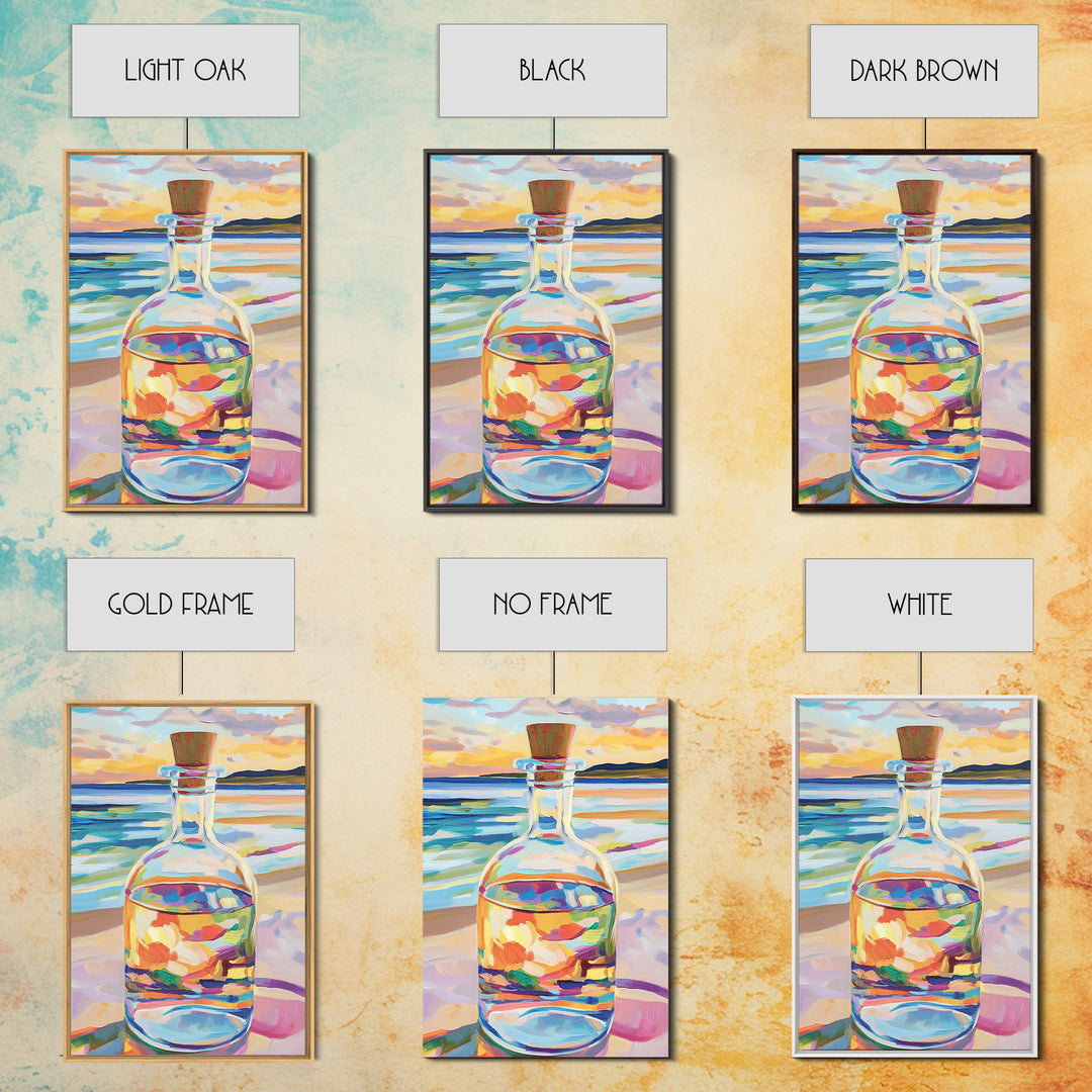 Glass Bottle At Sunset Beach Wall Art, Coastal Canvas Print For Ocean Decor, Seascape Art, Beach House Decor Gift For Her