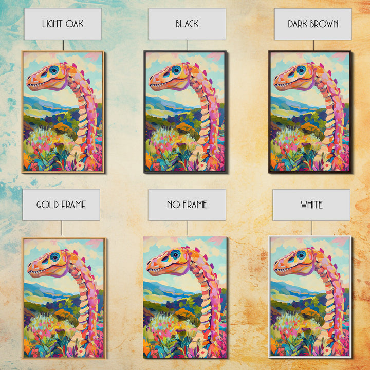 Whimsical Dinosaur In Colorful Hills Framed Canvas Print, Kids Room Wall Art, Nursery Decor, Fantasy Landscape Art Gift Idea