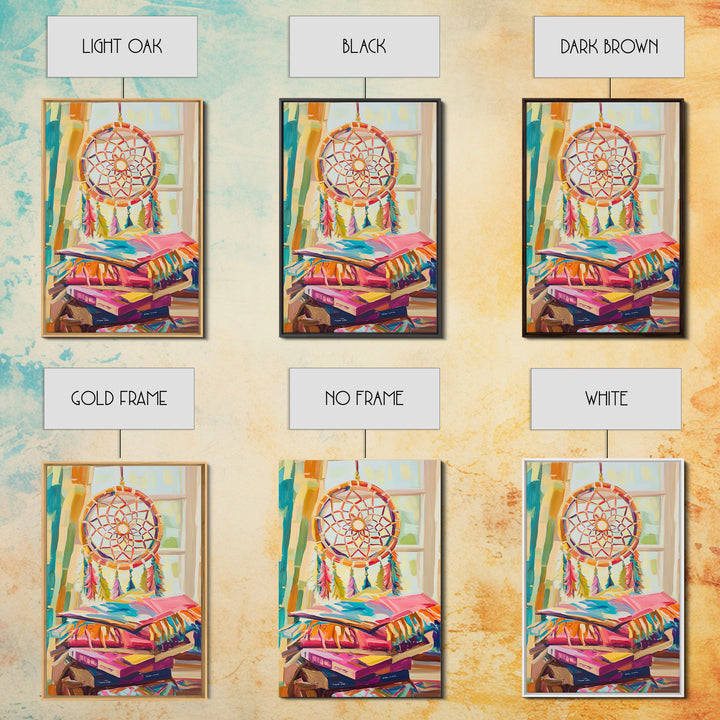 Boho Dreamcatcher And Stacked Books By Window Canvas Print, Whimsical Wall Art, Reading Nook Decor, Colorful Bedroom Art