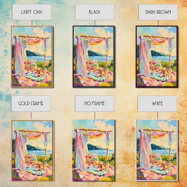 Sunny Beach Cabana Picnic Canvas Print, Coastal Wall Art, Tropical Beach House Decor, Summer Ocean Landscape, Gift For Her