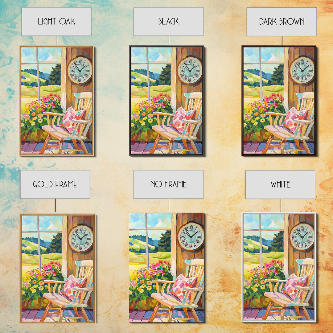 Sunlit Porch Rocking Chair Canvas Print, Country Wall Art, Farmhouse Decor, Floral Landscape Art, Cozy Living Room Decor Gift