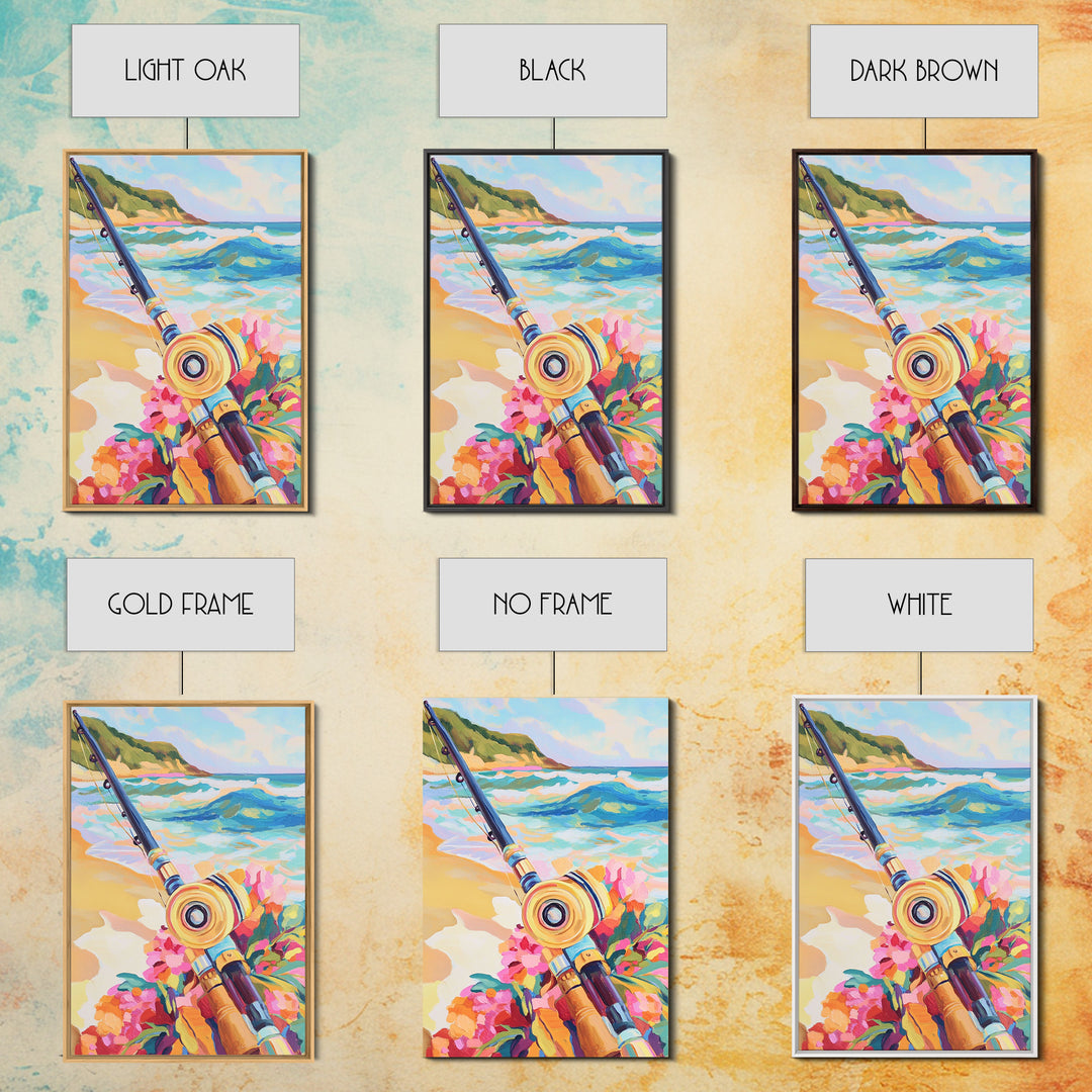 Beach Fishing Rod And Tropical Flowers Canvas Print, Coastal Wall Art, Ocean Wall Decor, Gift For Him, Beach House Decor