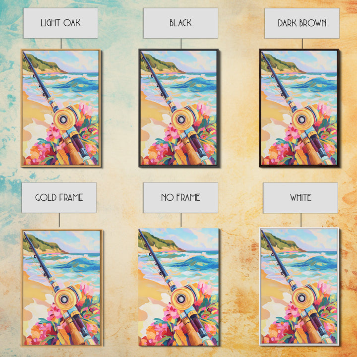 Beach Fishing Rod And Tropical Flowers Canvas Print, Coastal Wall Art, Ocean Wall Decor, Gift For Him, Beach House Decor