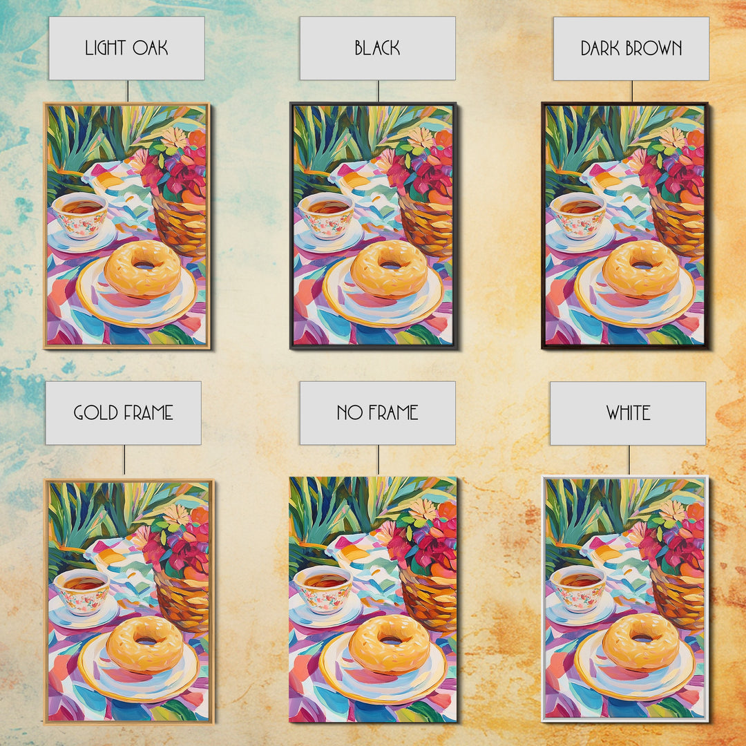 Tea Cup And Glazed Donut Garden Picnic Canvas Print, Kitchen Wall Art, Coffee Bar Decor, Whimsical Food Art, Gift For Her