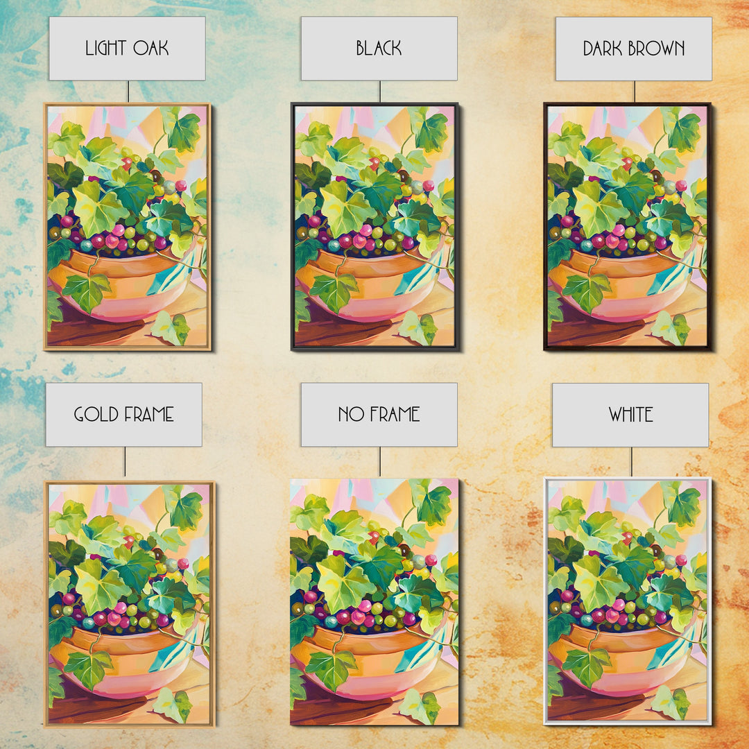 Grapes And Ivy In Ceramic Bowl Canvas Print, Colorful Kitchen Wall Art, Fruit Still Life, Winery Decor, Dining Room Prints