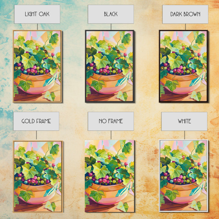 Grapes And Ivy In Ceramic Bowl Canvas Print, Colorful Kitchen Wall Art, Fruit Still Life, Winery Decor, Dining Room Prints