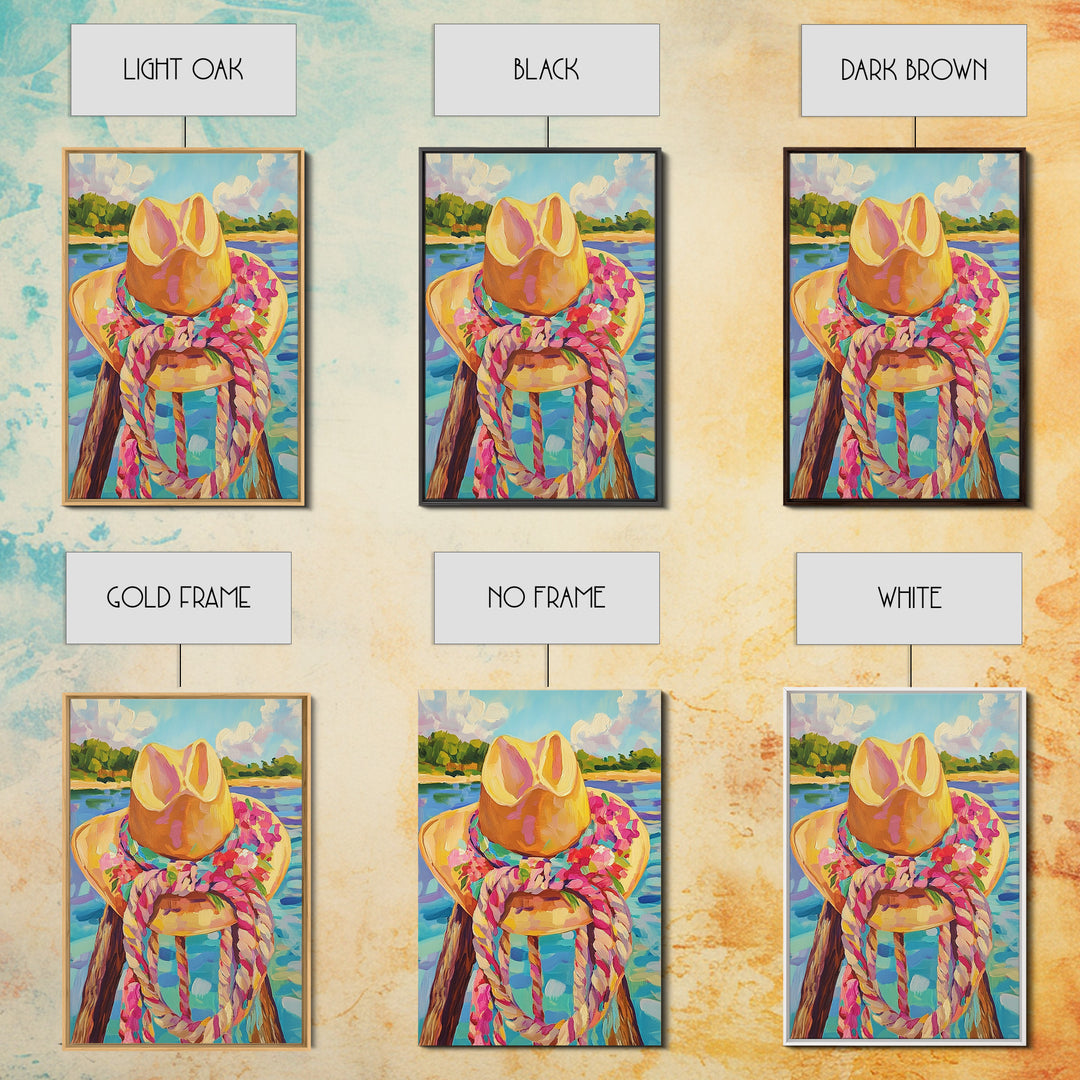 Cowgirl Hat And Rope By Lake Framed Canvas Print, Western Wall Art For Coastal Cowgirl Decor And Rustic Home Decor, Living Room Wall Decor