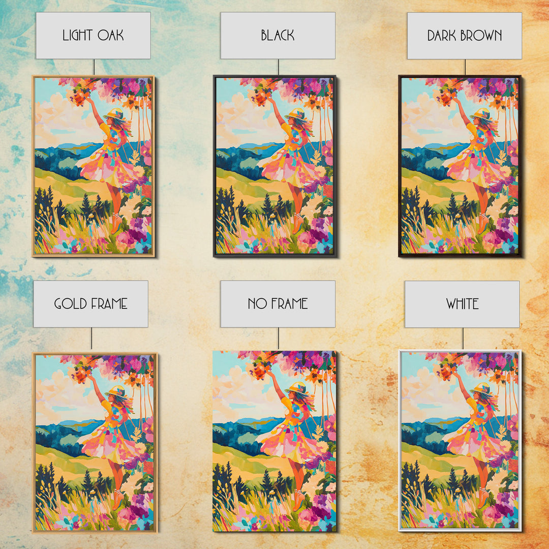 Joyful Woman In Mountain Flower Meadow Framed Canvas Print, Colorful Wall Art, Feminine Art, Landscape Art, Gift For Her