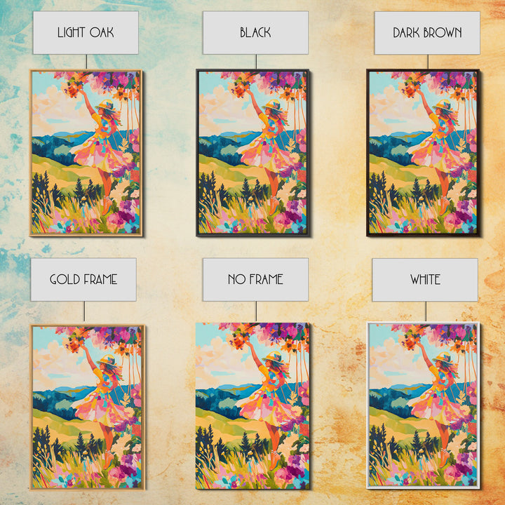 Joyful Woman In Mountain Flower Meadow Framed Canvas Print, Colorful Wall Art, Feminine Art, Landscape Art, Gift For Her