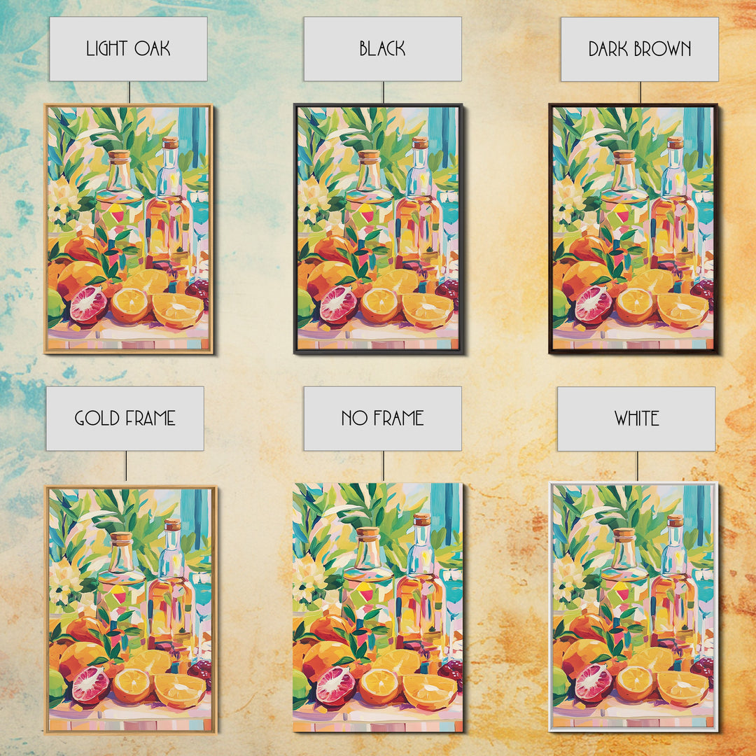 Sunlit Citrus Bottles And Tropical Fruit Canvas Print, Coastal Kitchen Wall Art, Colorful Still Life Dining Room Decor Gift