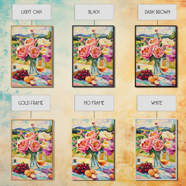 Pink Peony Bouquet With Wine And Grapes Canvas Print, French Country Kitchen Decor, Floral Wall Art, Housewarming Gift For Her