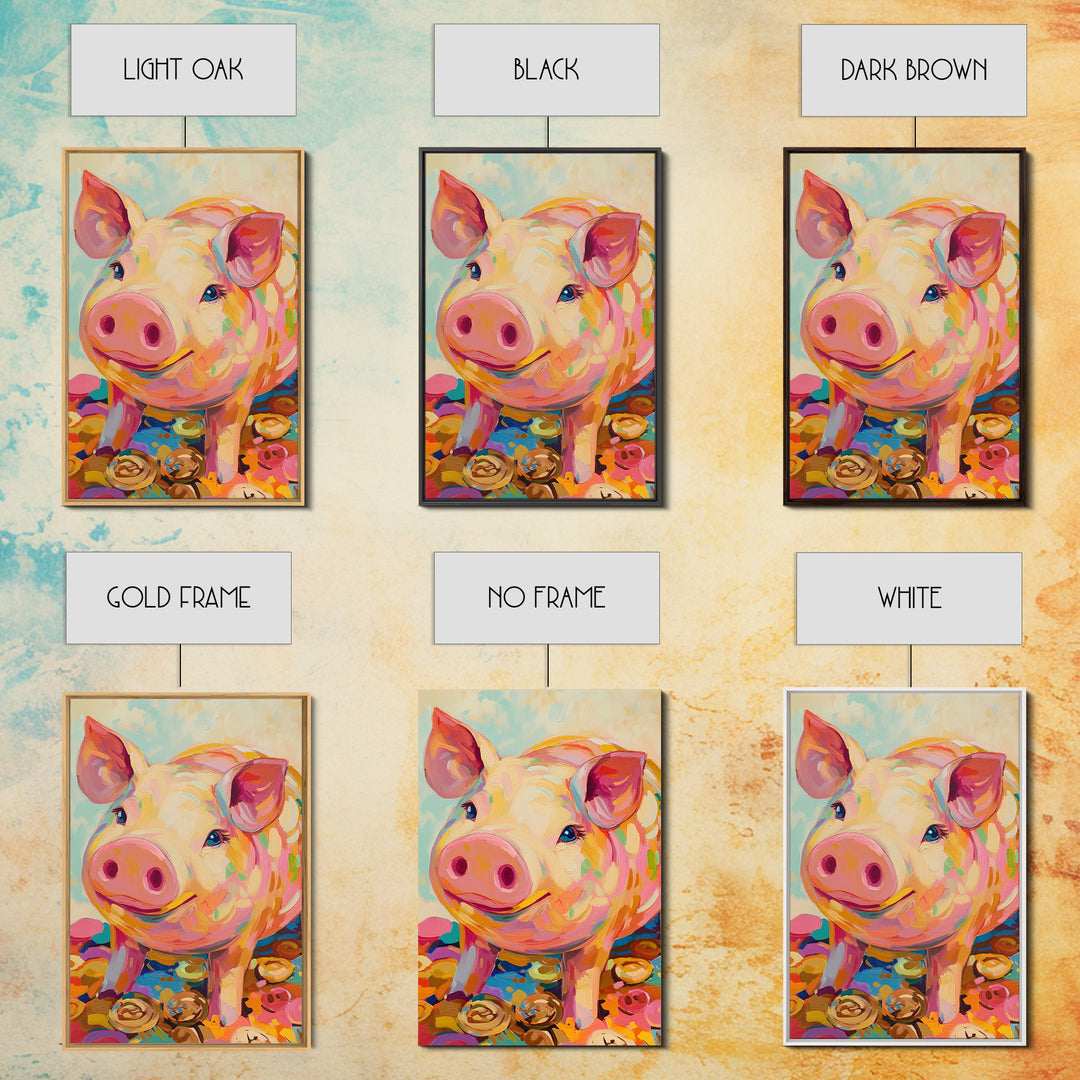 Smiling Pink Pig With Golden Coins Canvas Print, Cute Farm Animal Wall Art, Playful Nursery Decor, Whimsical Gift For Kids