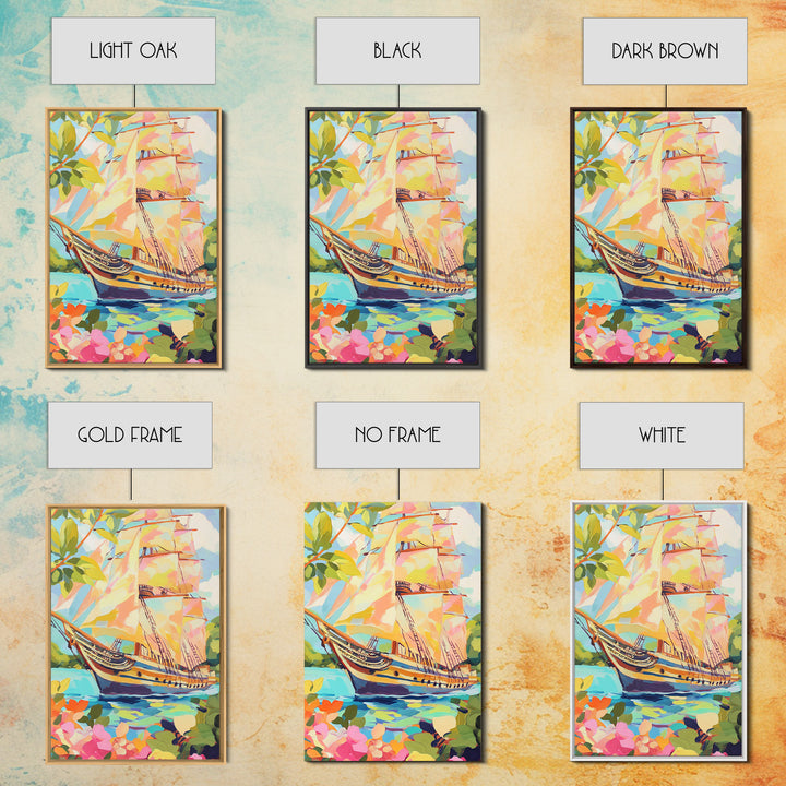 Tall Ship In Blooming Harbor Canvas Print, Nautical Sailboat Painting, Coastal Wall Art, Beach House Decor Gift For Her Home