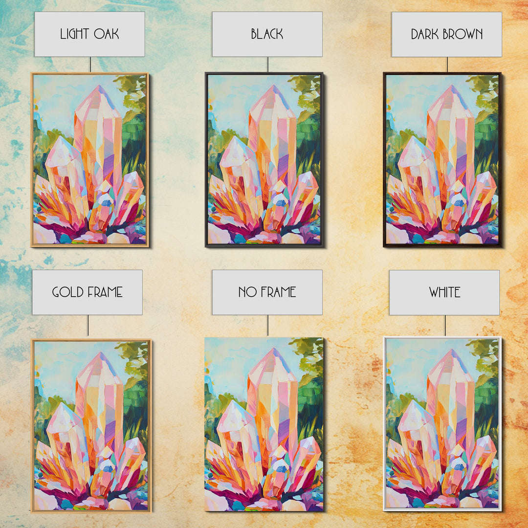 Pastel Crystal Cluster Framed Canvas Print, Celestial Wall Art, Mystical Home Decor, Spiritual Gift, Colorful Art Prints