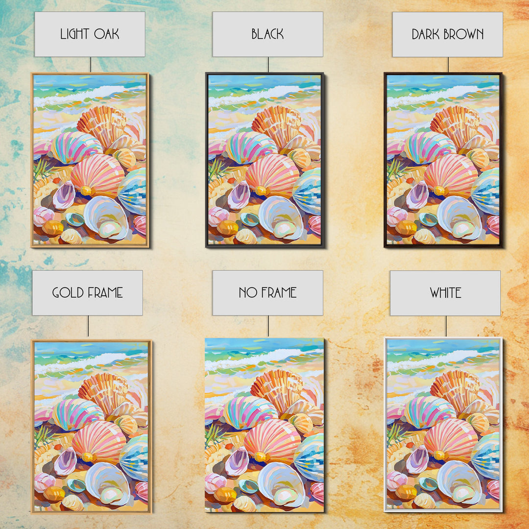 Pastel Seashells Scattered On Sunny Beach Framed Canvas Print, Coastal Wall Art, Ocean Wall Decor, Beach House Gift For Her