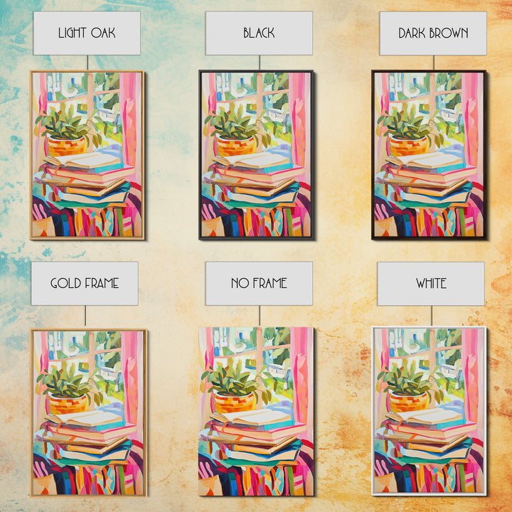 Stacked Books And Window Plant Wall Art, Cozy Reading Nook Decor, Book Lover Gift, Library Wall Art, Home Office Decor Print