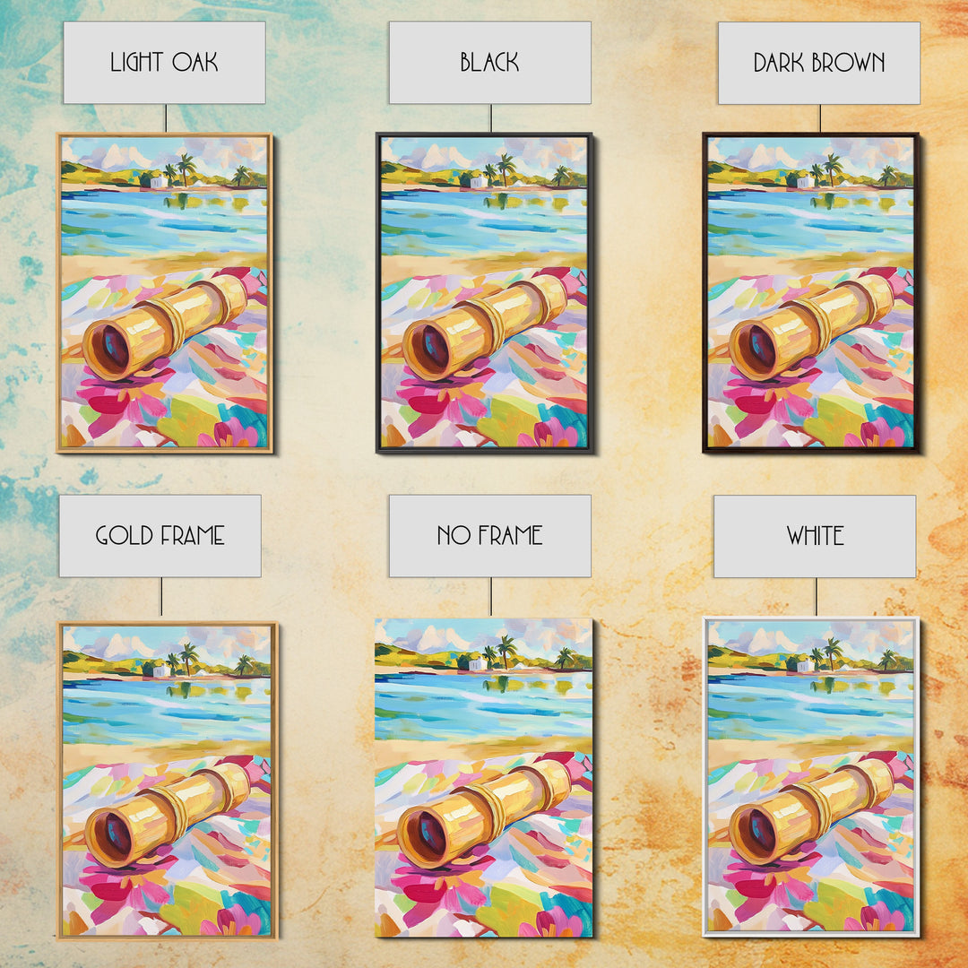 Brass Telescope On Tropical Beach Towel Wall Art, Colorful Coastal Canvas, Summer Travel Decor, Beach House Living Room Print