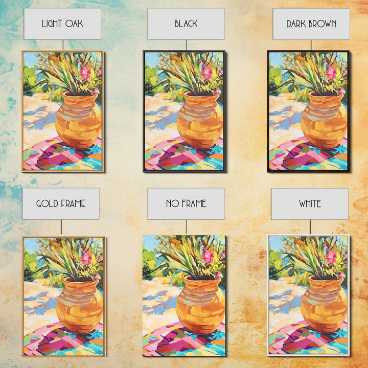 Terracotta Pot With Tropical Garden Plants Framed Canvas Print, Colorful Botanical Wall Art, Boho Patio Decor, Housewarming Gift