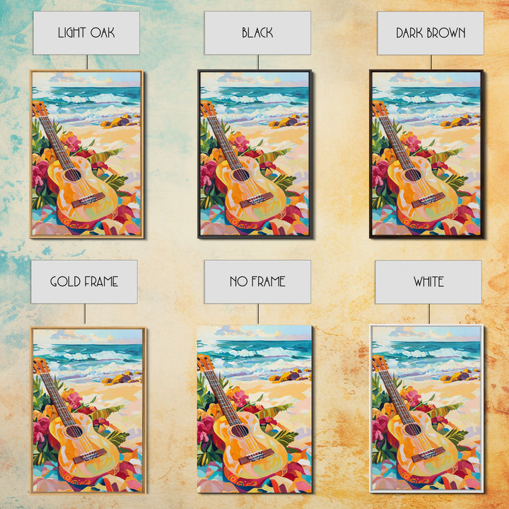 Tropical Guitar On Sunny Beach Canvas Print, Coastal Wall Art, Ocean Music Decor, Beach House Gift For Music Lover, Living Room Wall Art