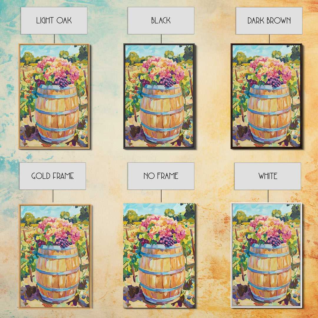 Wine Barrel With Grapes And Hydrangeas Framed Canvas Print, Vineyard Wall Art, Rustic Kitchen Decor, Wine Lover Gift, Home Decor