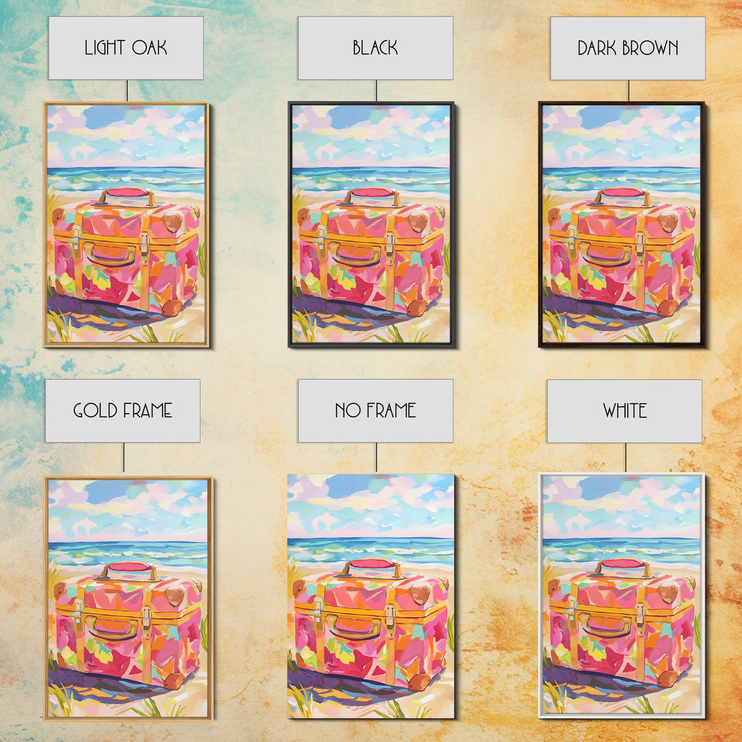 Floral Suitcase On Sunny Beach Canvas Print, Coastal Wall Art, Beach House Decor, Travel Poster, Summer Gift For Her, Ocean Wall Decor