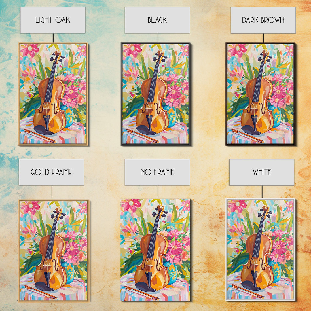 Violin With Pink Garden Flowers Framed Canvas Print, Music Wall Art, Floral Wall Decor, Gift For Music Lover, Fine Art Print