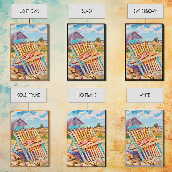 Striped Beach Chair By Rustic Barn Framed Canvas Print, Coastal Farmhouse Wall Art, Summer Patio Decor, Beach House Gift