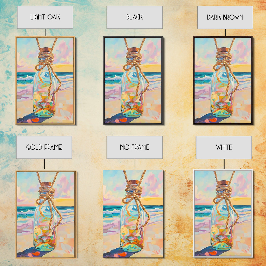 Glass Message Bottle Tied With Rope Canvas Print, Coastal Wall Art, Beach House Decor, Ocean Sunset Print, Nautical Gift