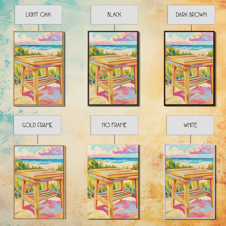 Sunny Beachside Wooden Table Canvas Print, Coastal Wall Art, Ocean Landscape Decor, Beach House Decor, Housewarming Gift