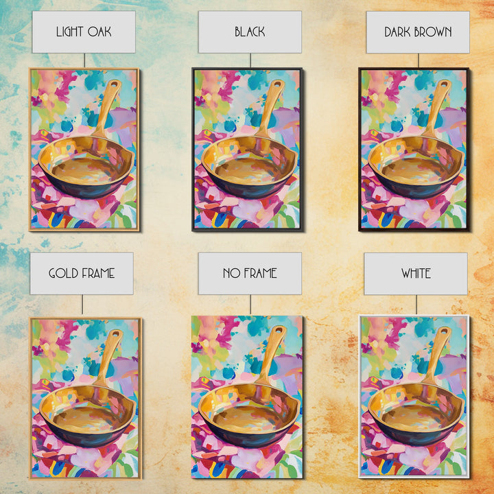 Golden Skillet Pan On Bright Cloth Canvas Print, Colorful Kitchen Wall Art, Foodie Home Decor, Housewarming Gift, Art Print