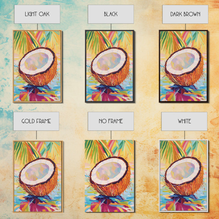 Tropical Coconut Half With Palm Leaves Canvas Print, Coastal Wall Art, Beach House Decor, Colorful Kitchen Art, Summer Gift