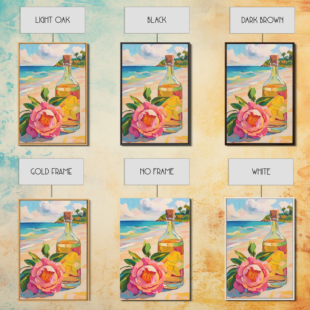 Beach Flower And Glass Bottle Canvas Print, Coastal Wall Art, Tropical Home Decor, Ocean Wall Decor, Summer Kitchen Art Print